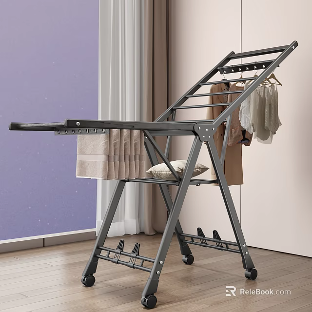 Foldable Clothes Drying Rack With Wheels Hanging Clothes And Towel On Shelf 3d model