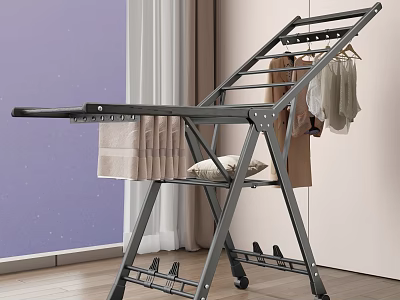Foldable Clothes Drying Rack With Wheels Hanging Clothes And Towel On Shelf 3d model
