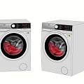 Two White Modern Washing Machines With Control Panel And Red Clothes Inside