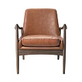 Brown Leather Accent Chair With Wooden Armrests And Modern Frame Design