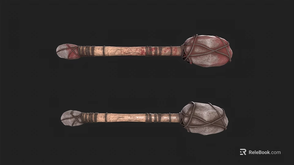 Primitive Weapon With Wooden Handle Rope Bound Head Rustic Red Gray Design Two Variants 3d model 