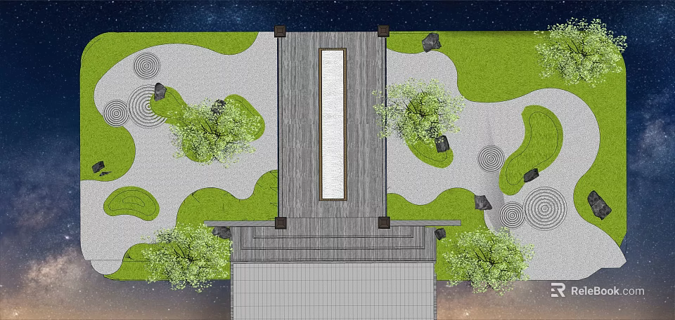 Karesansui Garden Under Starry Sky With Raked Gravel Stones Green Plants And Wooden Path 3d model 