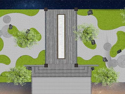 Karesansui Garden Under Starry Sky With Raked Gravel Stones Green Plants And Wooden Path 3d model