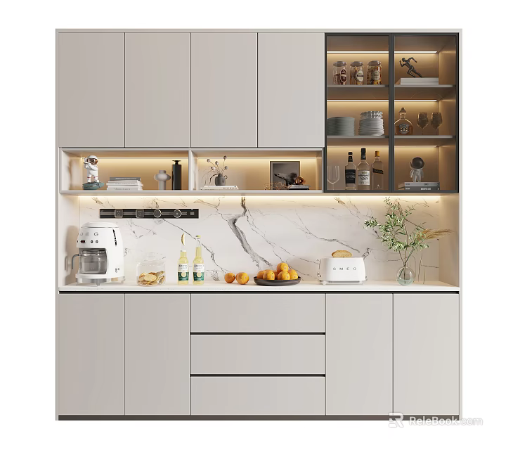 Modern Wine Cabinet Design With Glass Doors Built In Lighting And Marble Backdrop 3d model 