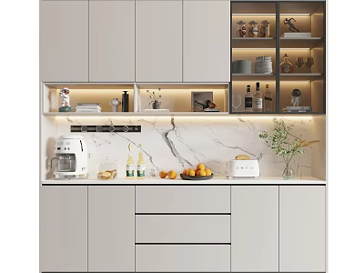 Modern Wine Cabinet Design With Glass Doors Built In Lighting And Marble Backdrop 3d model