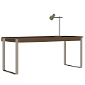 Modern Wooden Desk with Two Drawers and Metal Legs Accompanied by Gold Head Table Lamp