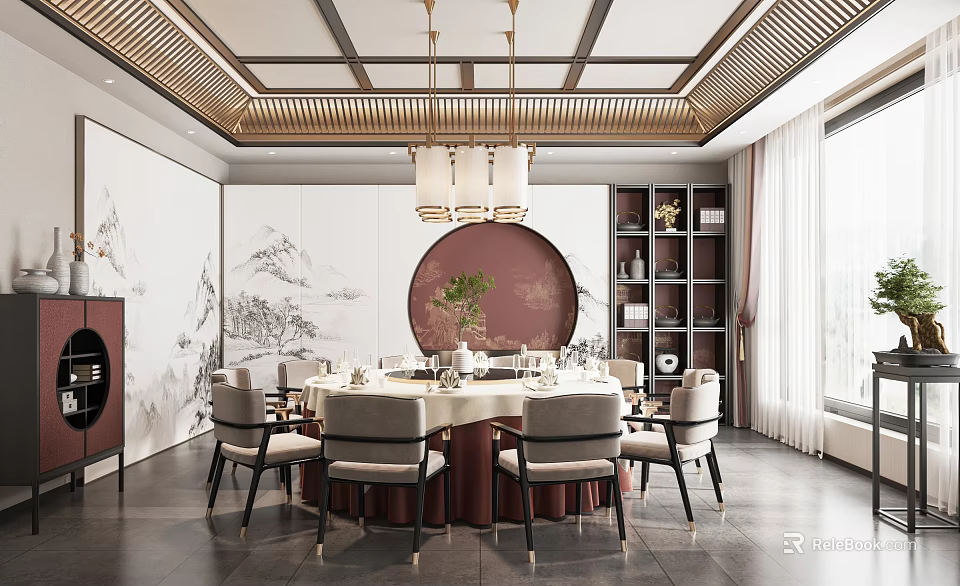 Chinese Style Private Dining Room With Round Table Chairs Pendant Lights And Landscape Painting 3d model 