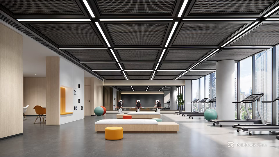Modern Fitness Gym Open Space With Treadmills Exercise Balls And Workout Equipment 3d model 