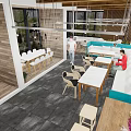 Modern Café Interior With Wooden Accents Pendant Lights And Round White Tables