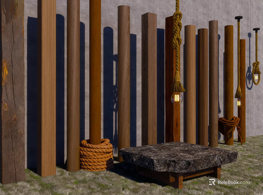 Garden Decorative Setup With Wooden Posts Ropes Stone Table Hanging Bulbs And Grass 3d model 