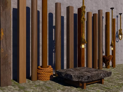 Garden Decorative Setup With Wooden Posts Ropes Stone Table Hanging Bulbs And Grass 3d model