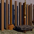 Garden Decorative Setup With Wooden Posts Ropes Stone Table Hanging Bulbs And Grass