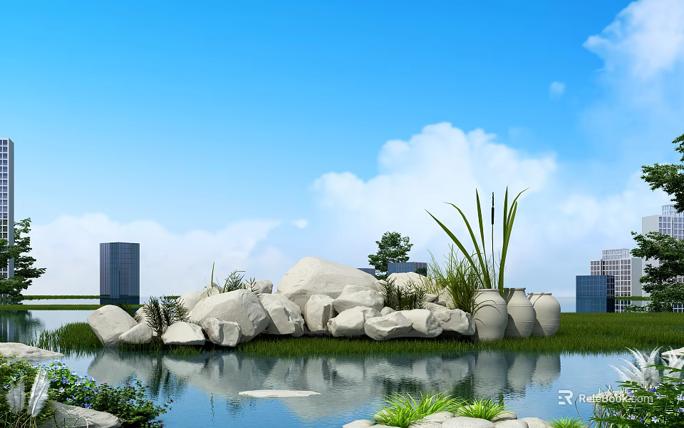 Garden Ornament Featuring Small Pond White Boulders White Pottery Jars Green Plants and Reflections 3d model 