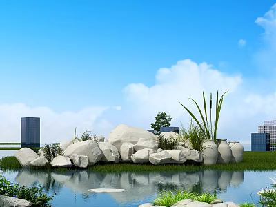 Garden Ornament Featuring Small Pond White Boulders White Pottery Jars Green Plants and Reflections 3d model