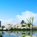 Garden Ornament Featuring Small Pond White Boulders White Pottery Jars Green Plants and Reflections