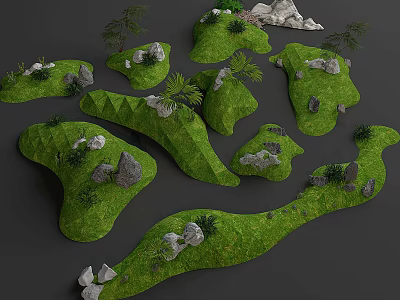 Garden Courtyard Terrain Design With Irregular Green Grass Stones And Small Plants 3d model