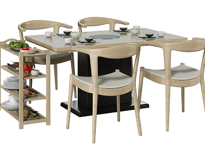Square Wooden Dining Table Set with Four Curved Back Chairs and Side Trolley 3d model