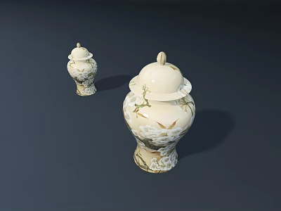 Pair of Lidded Ceramic Vessels With Floral Patterns On Dark Background 3d model