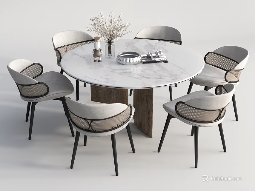 Modern Round Dining Table Set with Marble Top and Six Gray Upholstered Chairs 3d model
