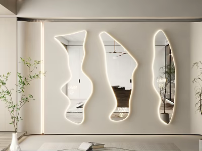 Three Wall Mounted Irregular Shaped Mirrors With LED Light In Modern Interior 3d model
