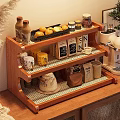 Wooden Storage Shelf with Multiple Tiers Organizing Coffee Supplies Mugs Fruits Jars in Kitchen