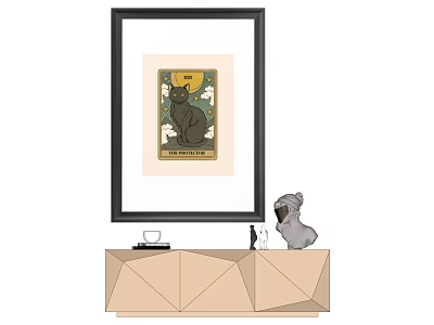 Home Decor With Black Framed Cat Painting And Geometric Cabinet Figurine 3d model