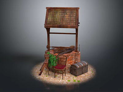 Ancient Wooden Well Structure With Brick Red Cushioned Chair Trunk Green Plants And Stone Pavement 3d model