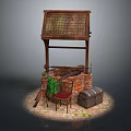 Ancient Wooden Well Structure With Brick Red Cushioned Chair Trunk Green Plants And Stone Pavement
