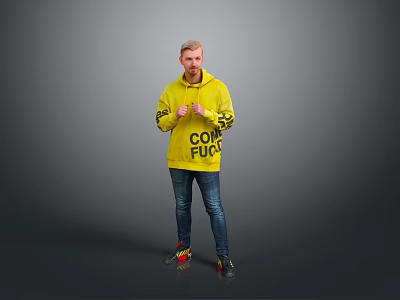 A Man In Yellow Hoodie With COMFORT Text Blue Jeans Colorful Sneakers Against Grey Background 3d model