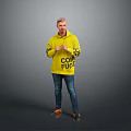 A Man In Yellow Hoodie With COMFORT Text Blue Jeans Colorful Sneakers Against Grey Background