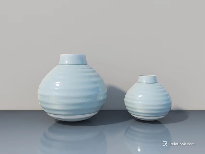 Light Blue Ceramic Vases with Ribbed Design on Gray Tabletop and Light Gray Wall 3d model 