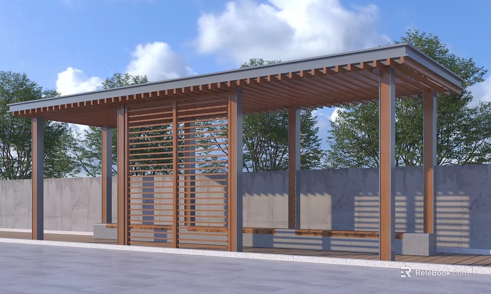 Wooden Pergola With Beam Roof Bench Seating And Concrete Wall Surroundings 3d model 