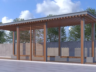 Wooden Pergola With Beam Roof Bench Seating And Concrete Wall Surroundings 3d model