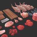 Fresh Raw Meat And Fish Ingredients Including Various Cuts And Types On Wooden Cutting Board
