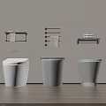 Modern Three Toilets In Bathroom Interior With Towel Racks Shelves And Towels