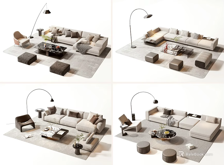 Modern Sofa and Coffee Table Set With Floor Lamp and Ottomans in Living Room 3d model 