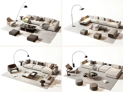 Modern Sofa and Coffee Table Set With Floor Lamp and Ottomans in Living Room 3d model