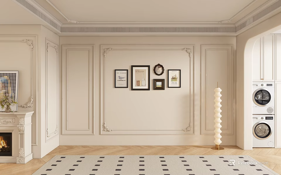 Modern Elegant Sofa Background Wall Interior Design With Decorative Paneling Framed Art And Wall Clock 3d model 