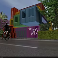 Colorful Modern Container Building with Neon Hu Sign Surrounded by Greenery People Riding Bicycles Nearby