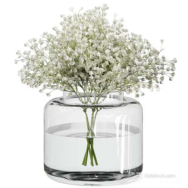 Transparent Glass Vase With Fresh White Baby's Breath Flowers In Water For Home Decor 3d model 