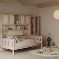 Cozy Kids Room With Wooden Cabinet Small Bed Round Pendant Light And Rug With Toys