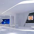 Modern Exhibition Hall Featuring Large Screen Robot Interface White Curved Design Round Podium And Bowl Seat
