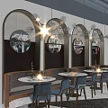 Elegant Restaurant Interior With Bar Counter Wine Bottles Bowls On Shelves And Blue Bar Stools