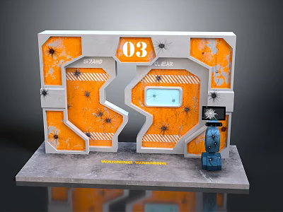 Industrial Orange Gray Gate With Number 03 Worn Texture And Control Panel 3d model
