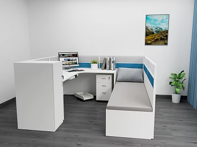 Modern Office Desk Cubicle With Documents Potted Plant Drawers And Sofa Bench 3d model