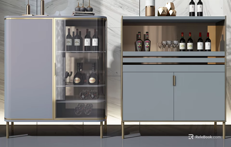 Modern Gray Wine Cabinet With Glass Door And Gold Accents Displaying Wine Bottles And Glasses 3d model 