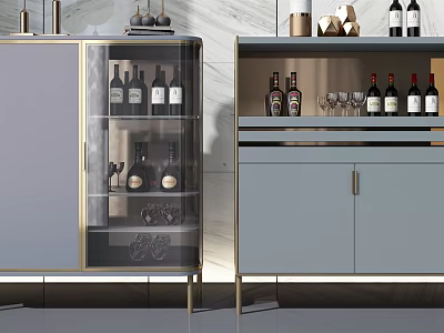 Modern Gray Wine Cabinet With Glass Door And Gold Accents Displaying Wine Bottles And Glasses 3d model