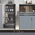 Modern Gray Wine Cabinet With Glass Door And Gold Accents Displaying Wine Bottles And Glasses