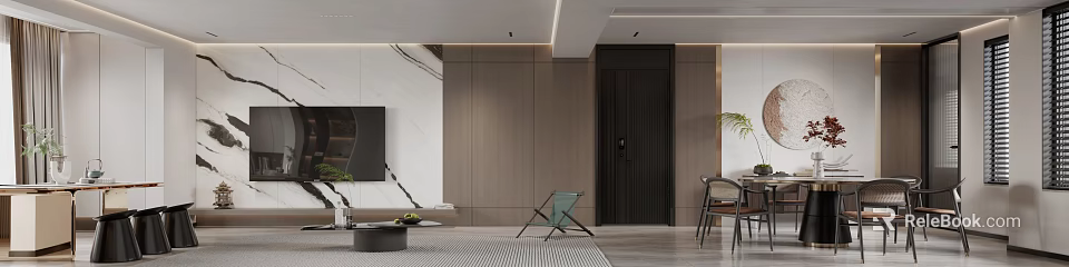 Modern Living Dining Room Interior With Wooden Walls And Minimalist Furniture Layout 3d model 