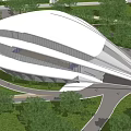 Modern Architectural Structure With Unique Curved Design White Gray Exterior And Green Lawn Trees
